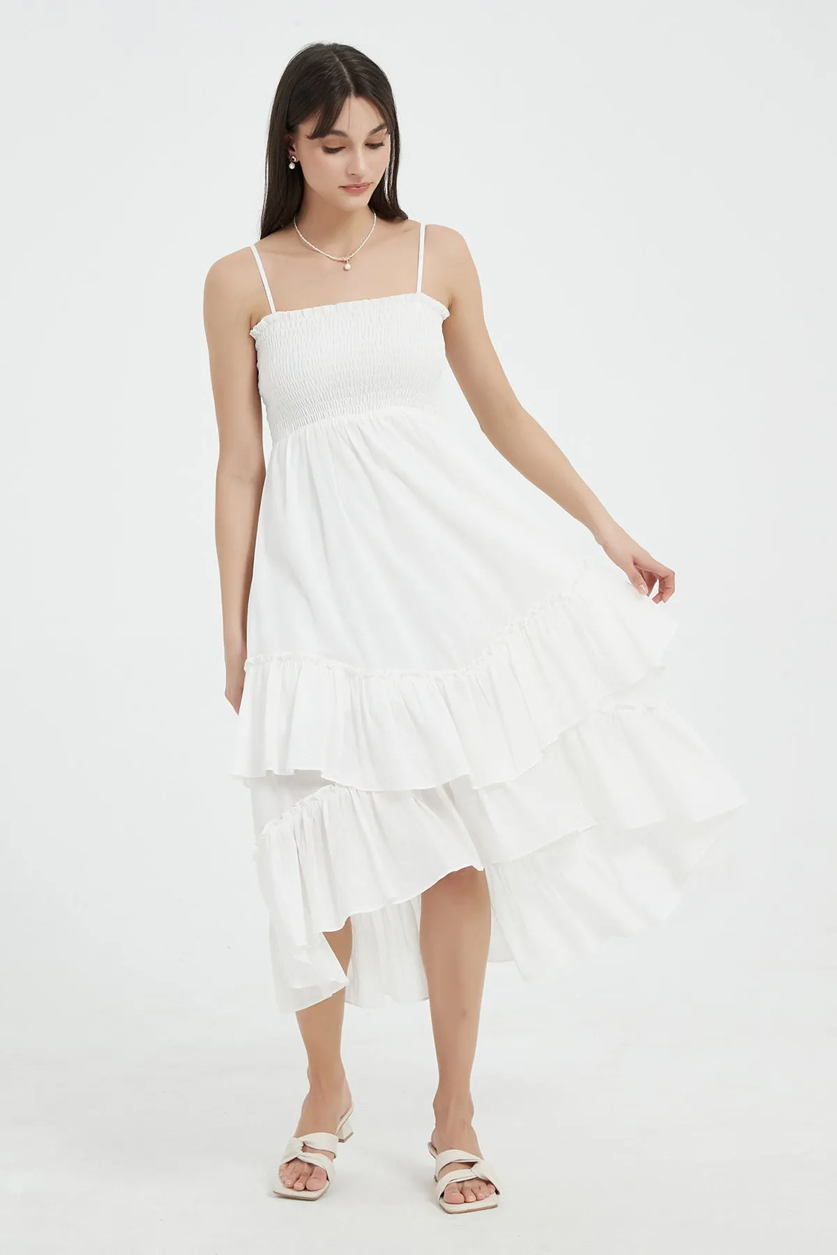 Sophie Smocked Tiered High-Low Midi Dress