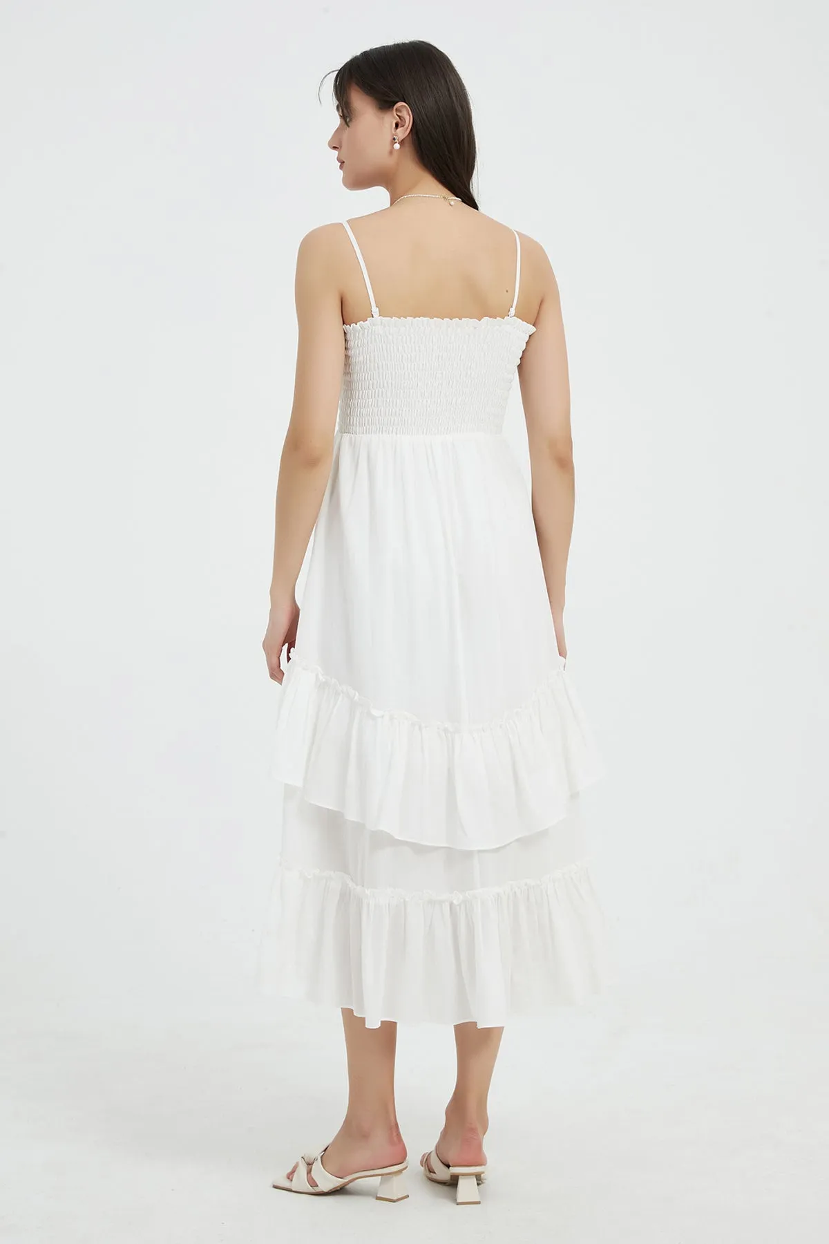 Sophie Smocked Tiered High-Low Midi Dress