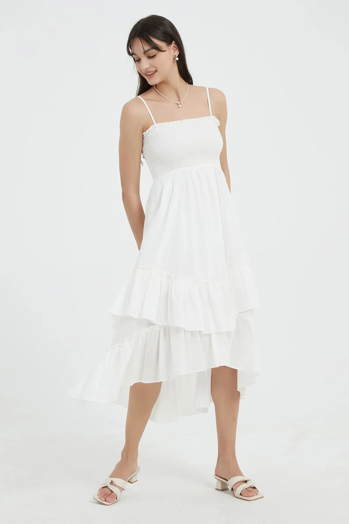 Sophie Smocked Tiered High-Low Midi Dress