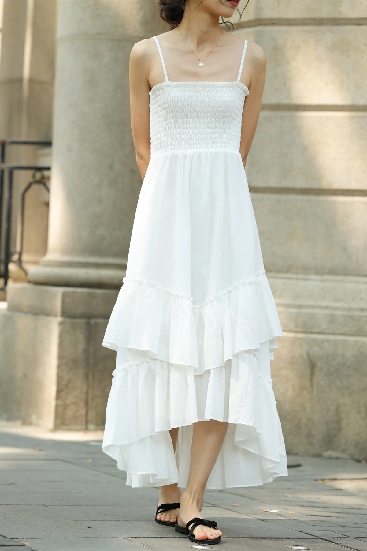 Sophie Smocked Tiered High-Low Midi Dress
