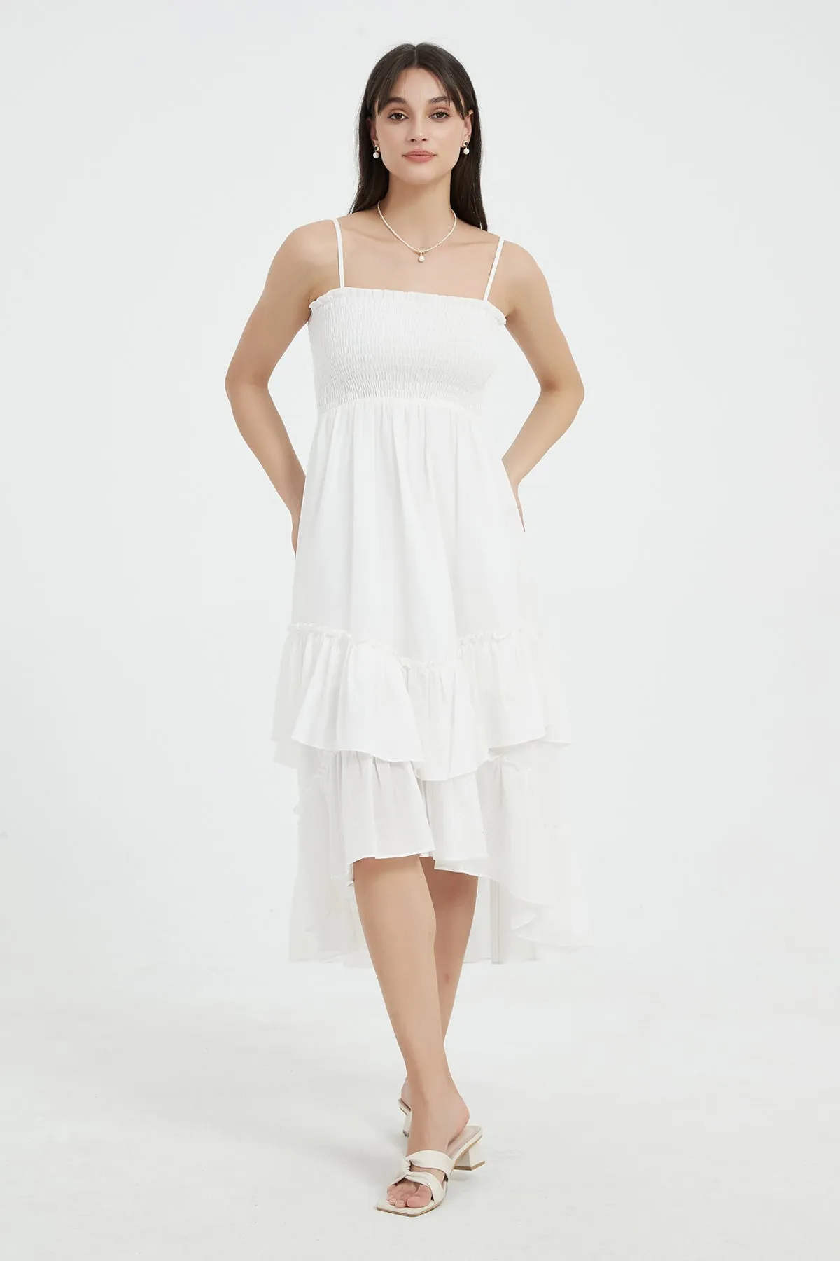 Sophie Smocked Tiered High-Low Midi Dress