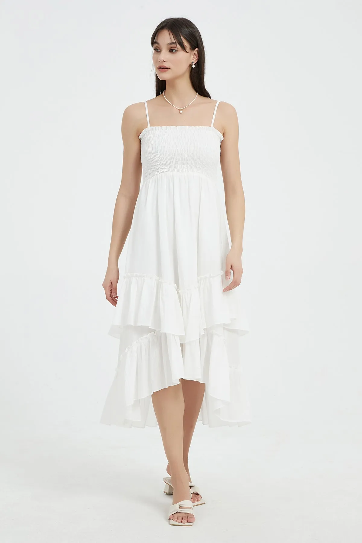 Sophie Smocked Tiered High-Low Midi Dress