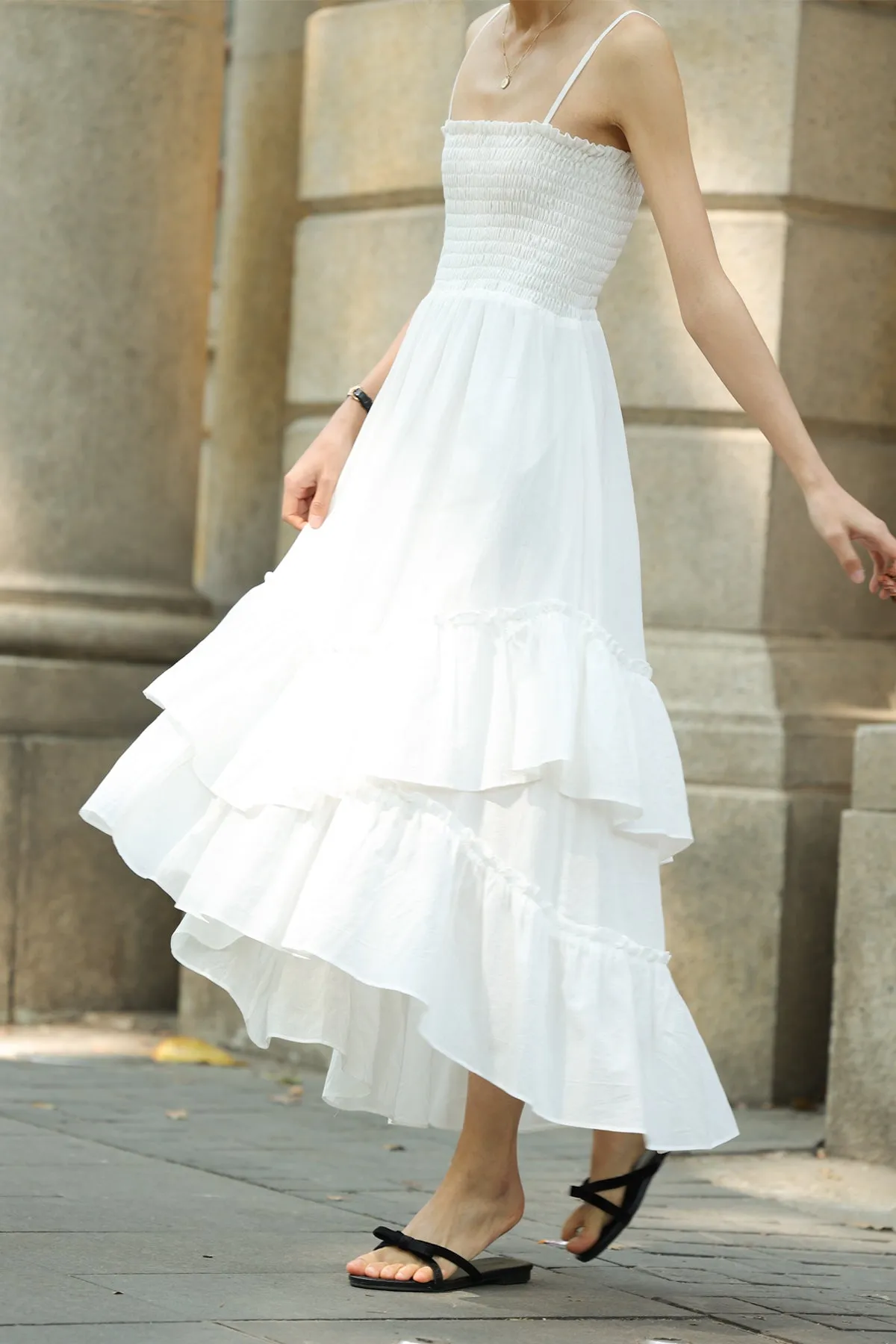 Sophie Smocked Tiered High-Low Midi Dress