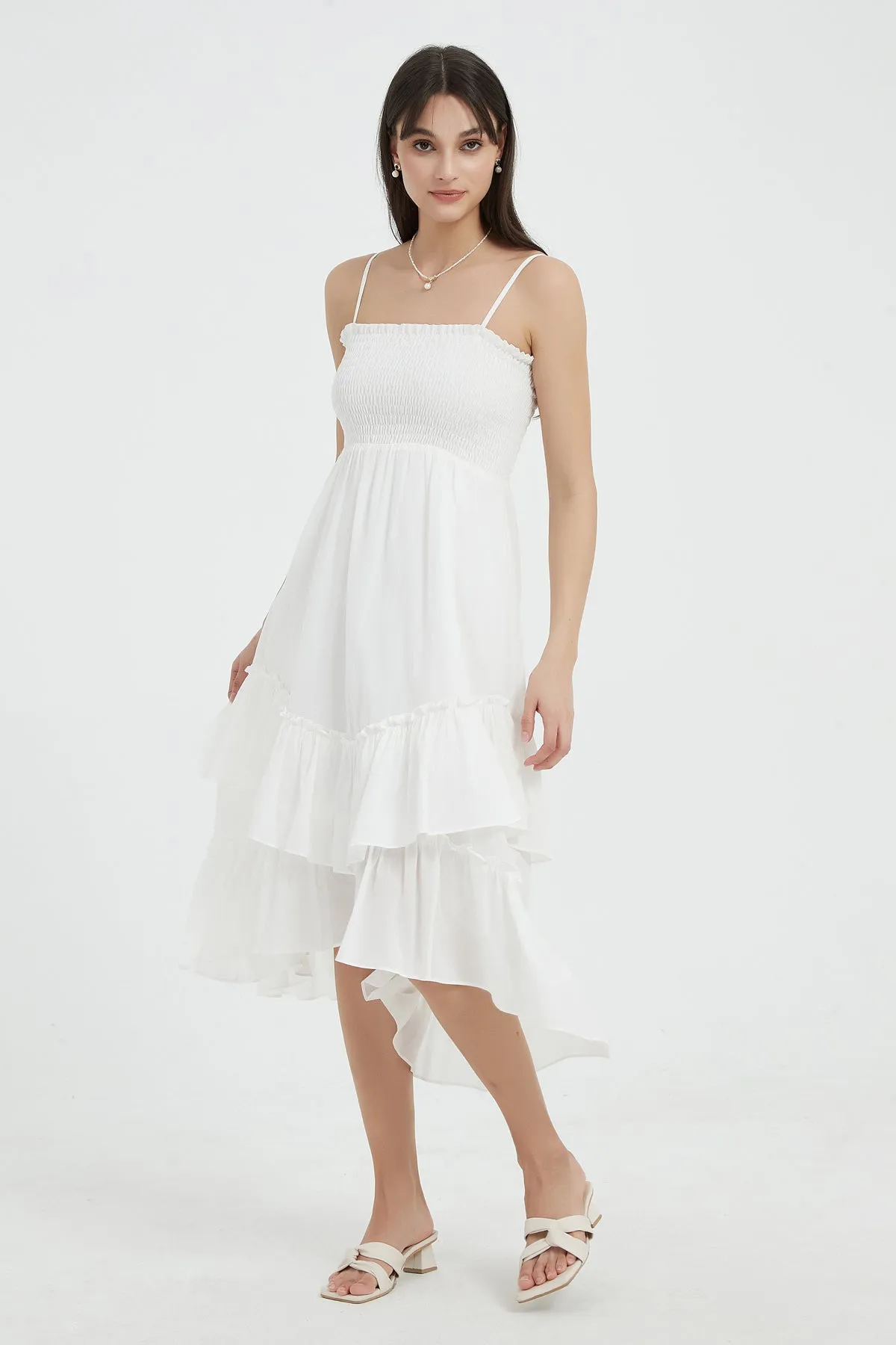 Sophie Smocked Tiered High-Low Midi Dress