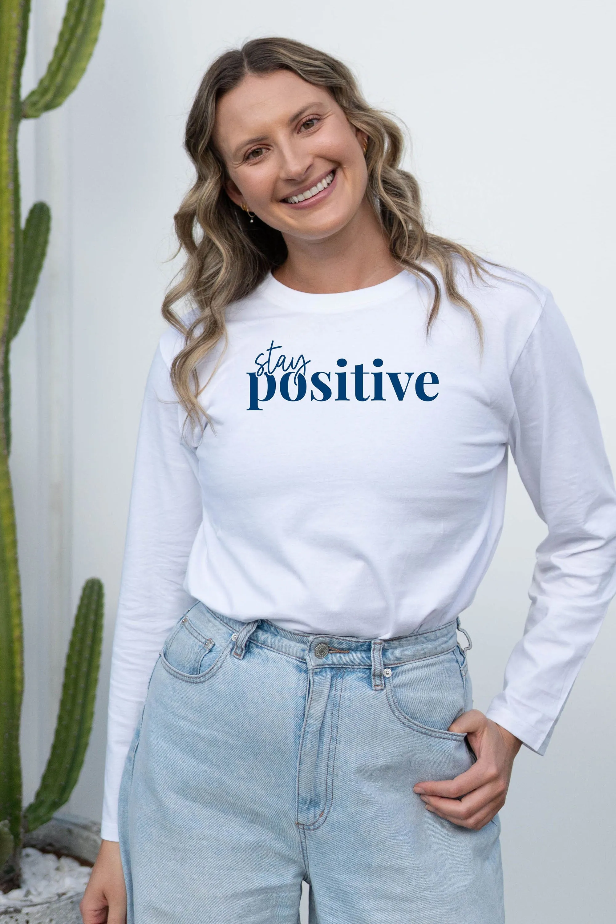 Stay Positive Note Long Sleeve T-Shirt White