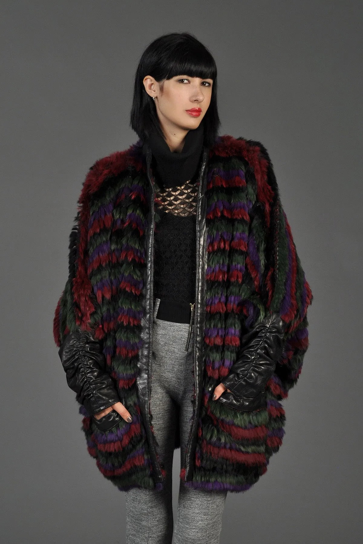 Striped Fox Fur   Knit Coat with Leather Sleeves