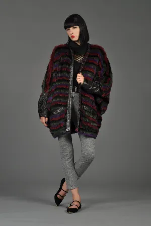 Striped Fox Fur   Knit Coat with Leather Sleeves