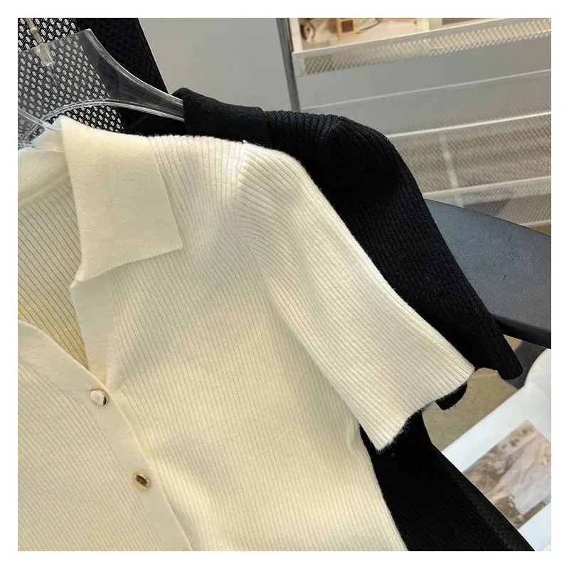 Summer Women's Short Sleeve Polo Button Ice Silk Knit T-Shirt Crop Top Cardigan Open Front Slim Stretch Black White