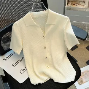 Summer Women's Short Sleeve Polo Button Ice Silk Knit T-Shirt Crop Top Cardigan Open Front Slim Stretch Black White