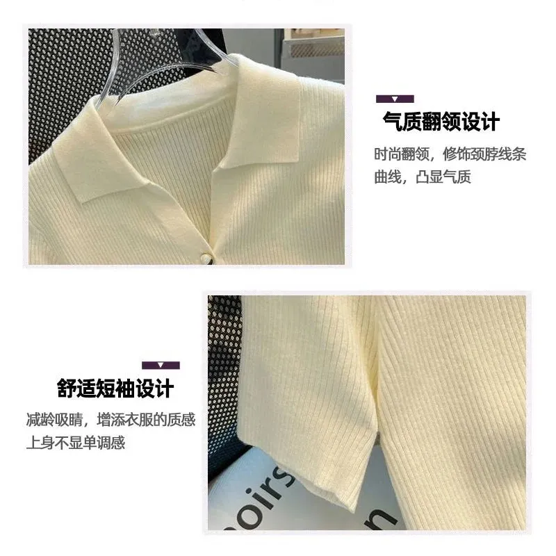 Summer Women's Short Sleeve Polo Button Ice Silk Knit T-Shirt Crop Top Cardigan Open Front Slim Stretch Black White