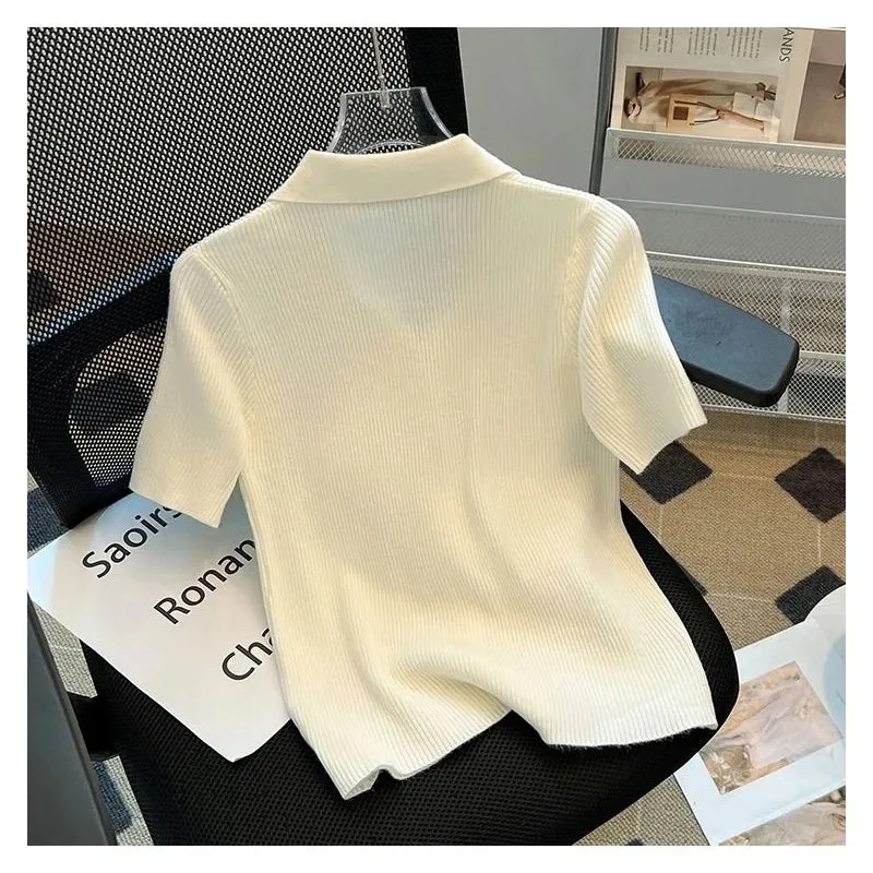 Summer Women's Short Sleeve Polo Button Ice Silk Knit T-Shirt Crop Top Cardigan Open Front Slim Stretch Black White
