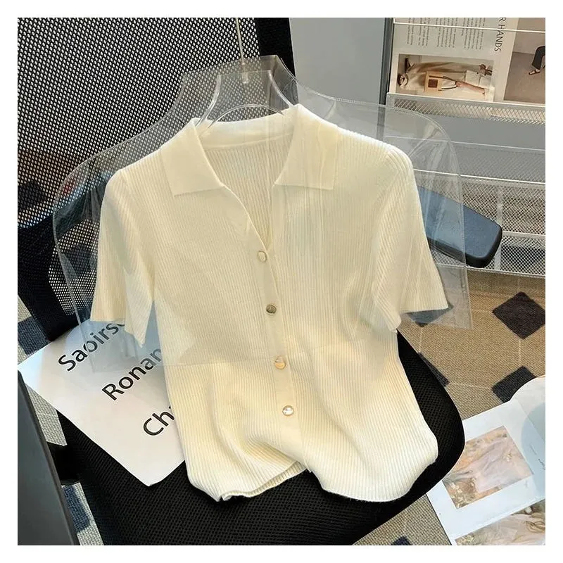 Summer Women's Short Sleeve Polo Button Ice Silk Knit T-Shirt Crop Top Cardigan Open Front Slim Stretch Black White