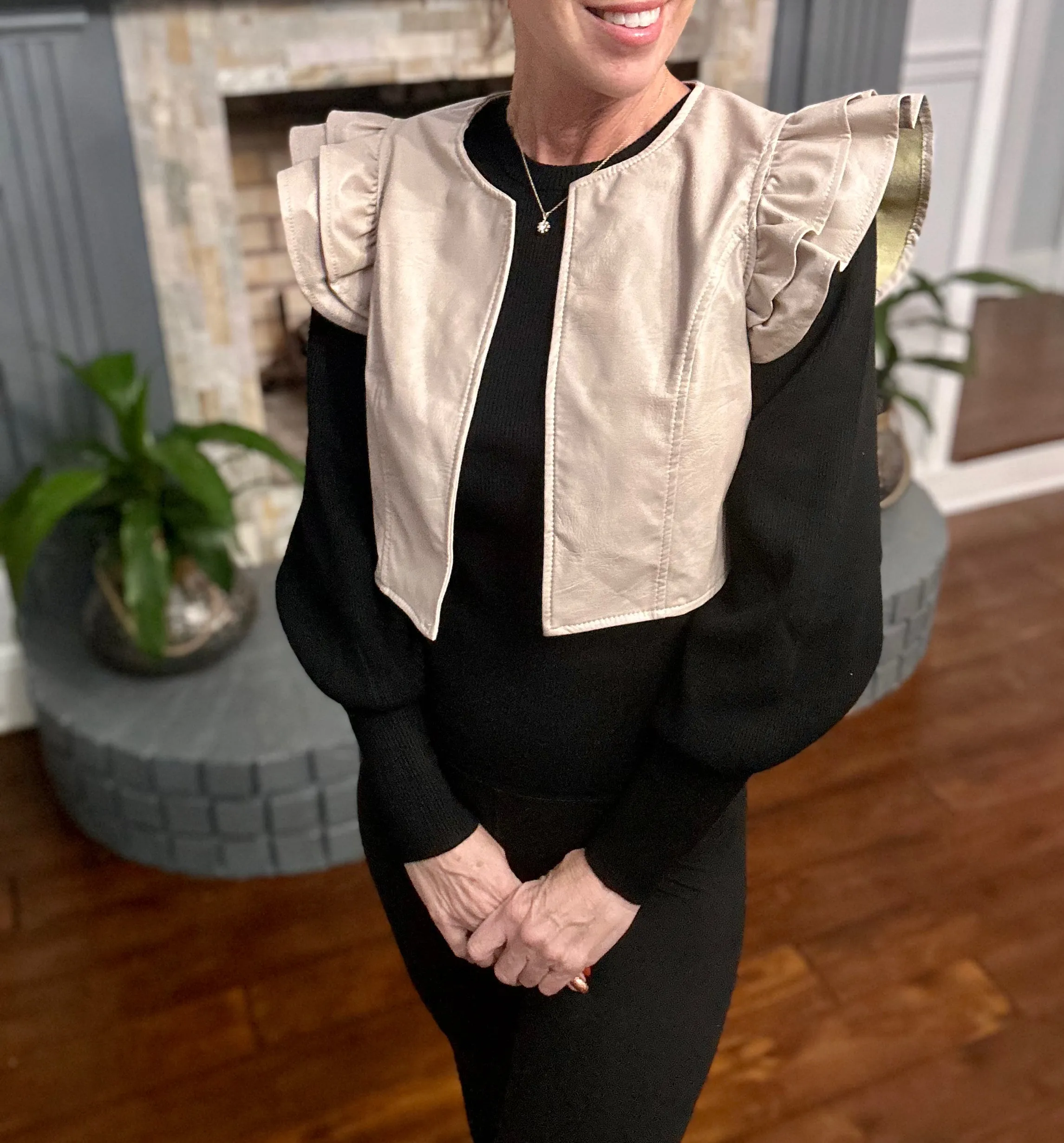 Taupe Ruffle Crop Leather Vest