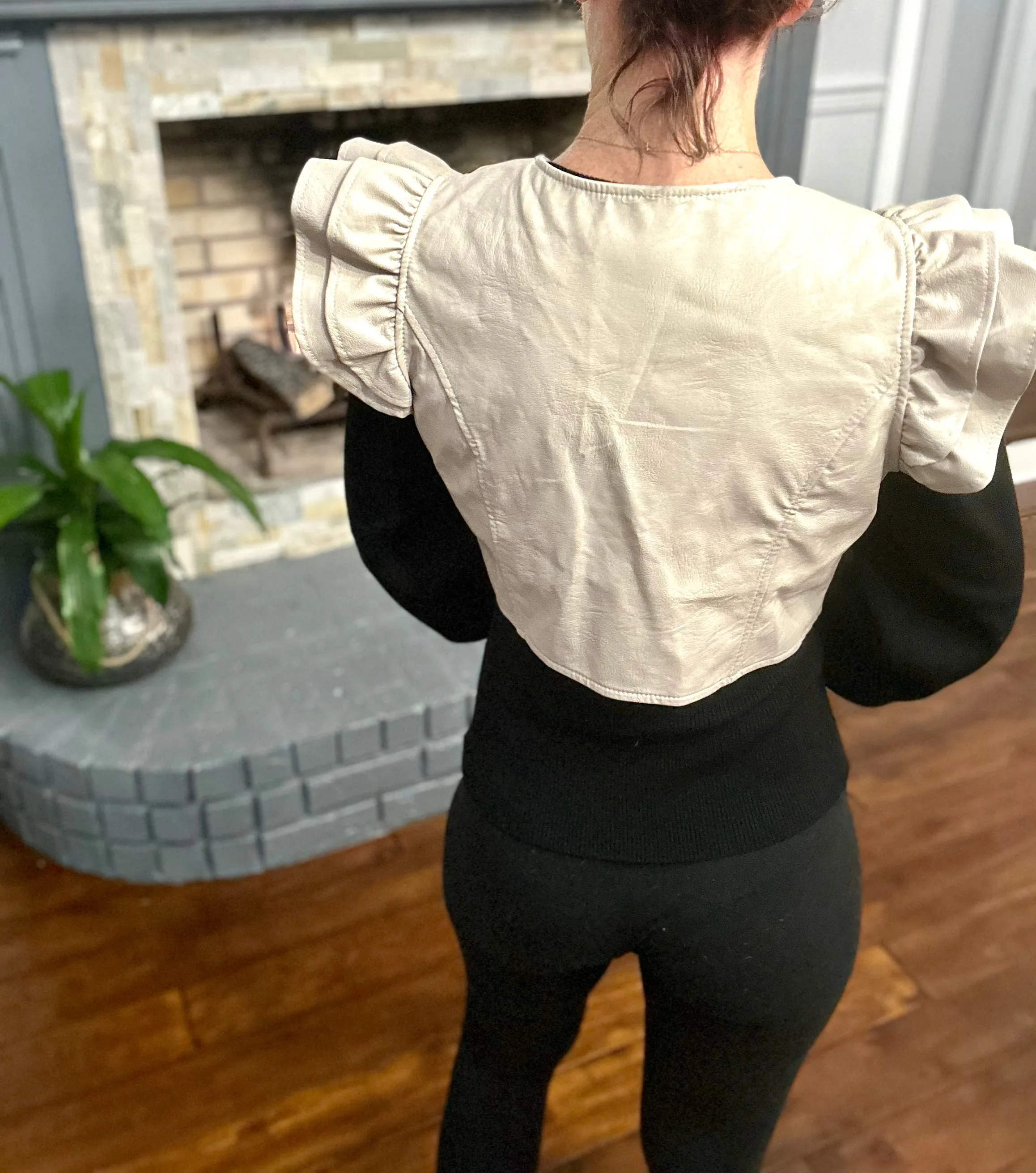 Taupe Ruffle Crop Leather Vest
