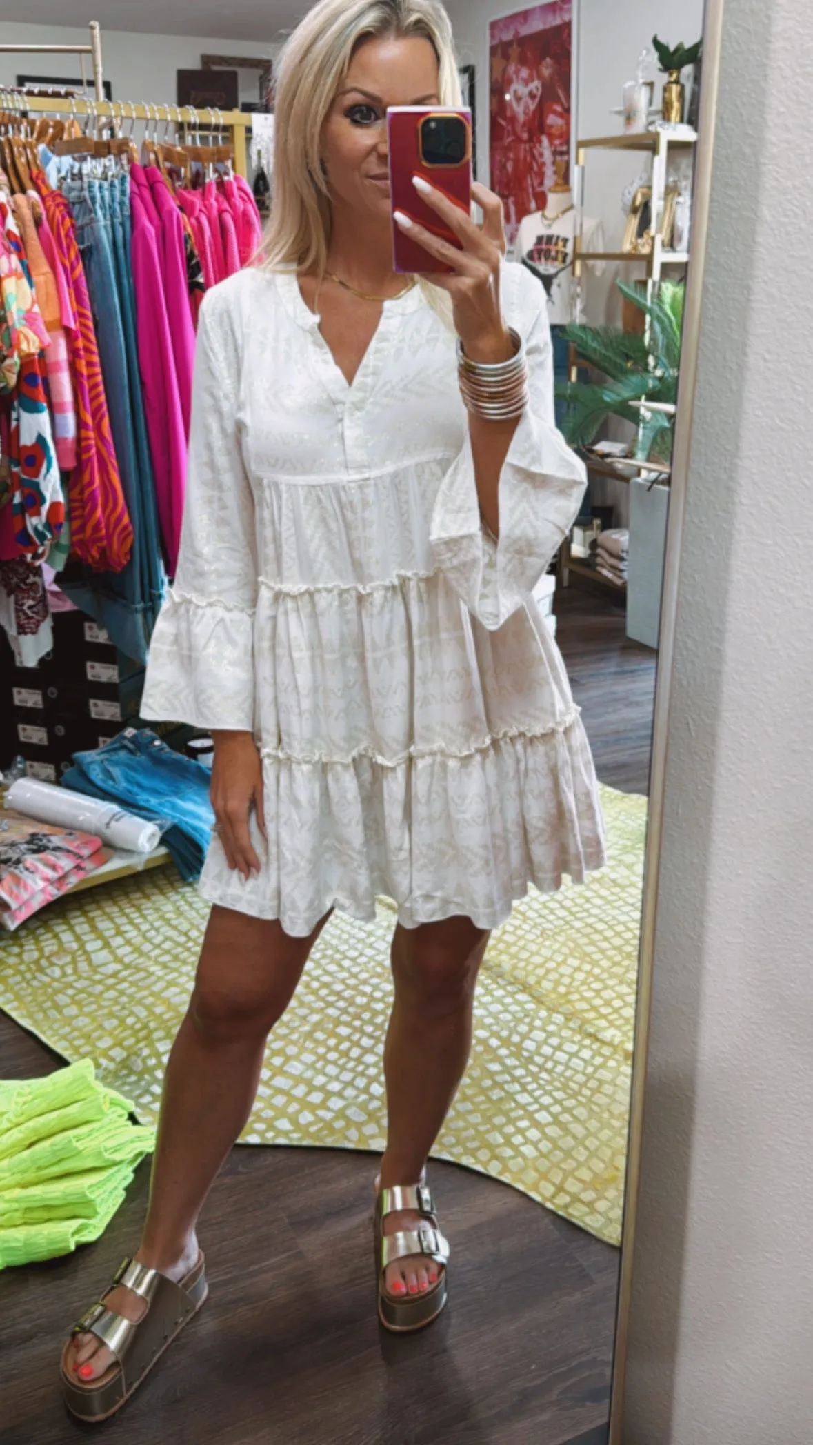 The Clara Dress in Natural/Gold Arrow Print by Elan