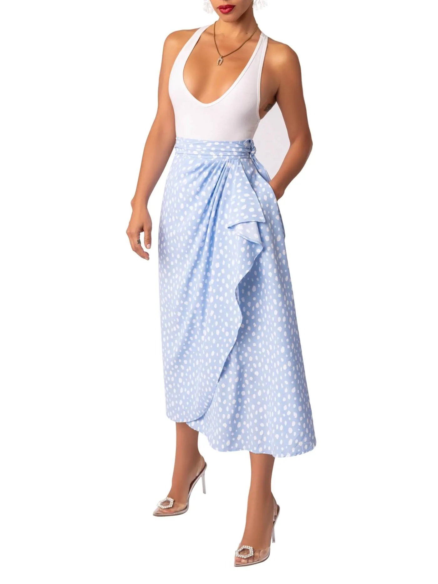 “The Waves” Polka Dot Asymmetric Midi Skirt