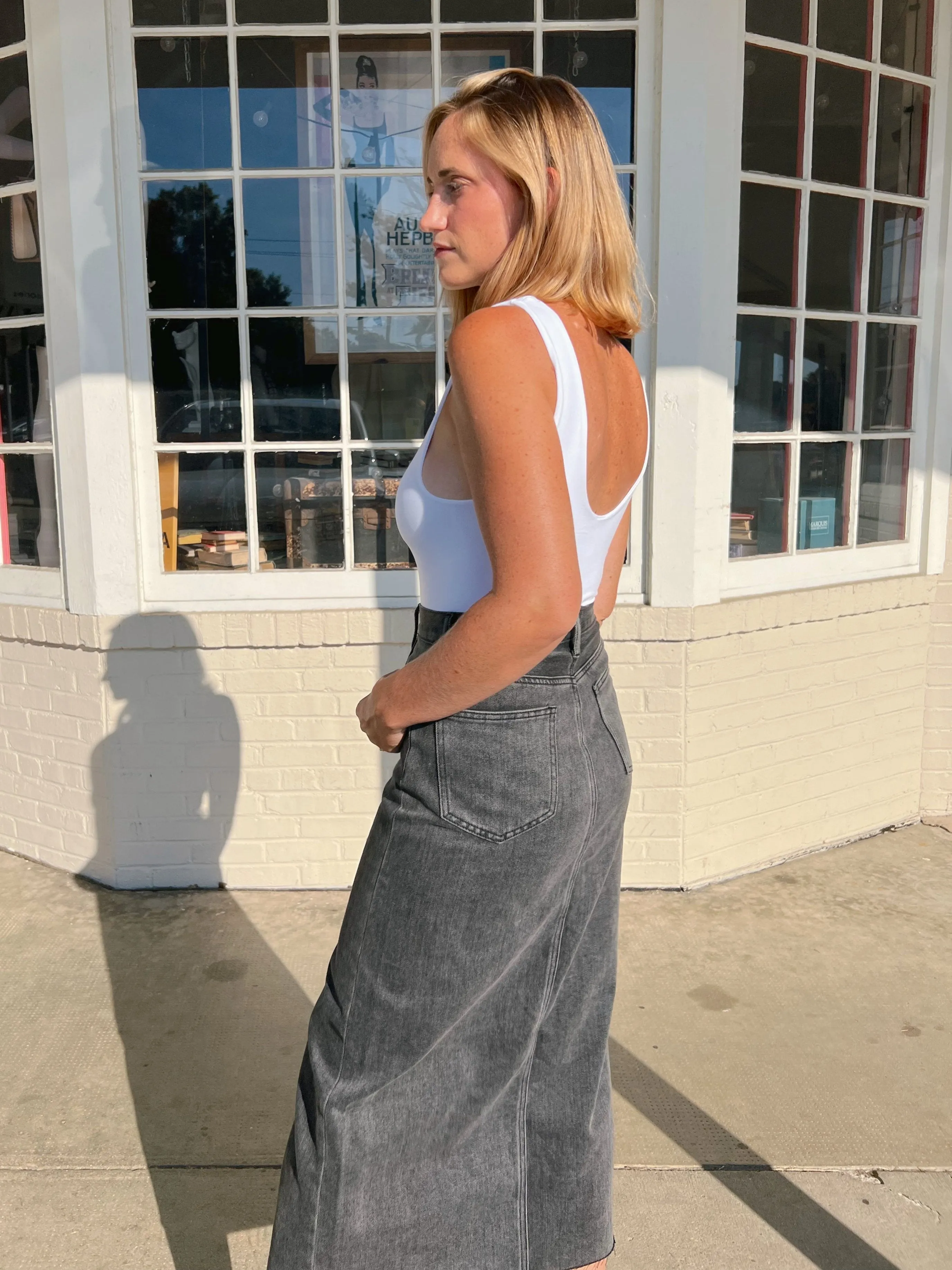 To The Moon Denim Midi Skirt