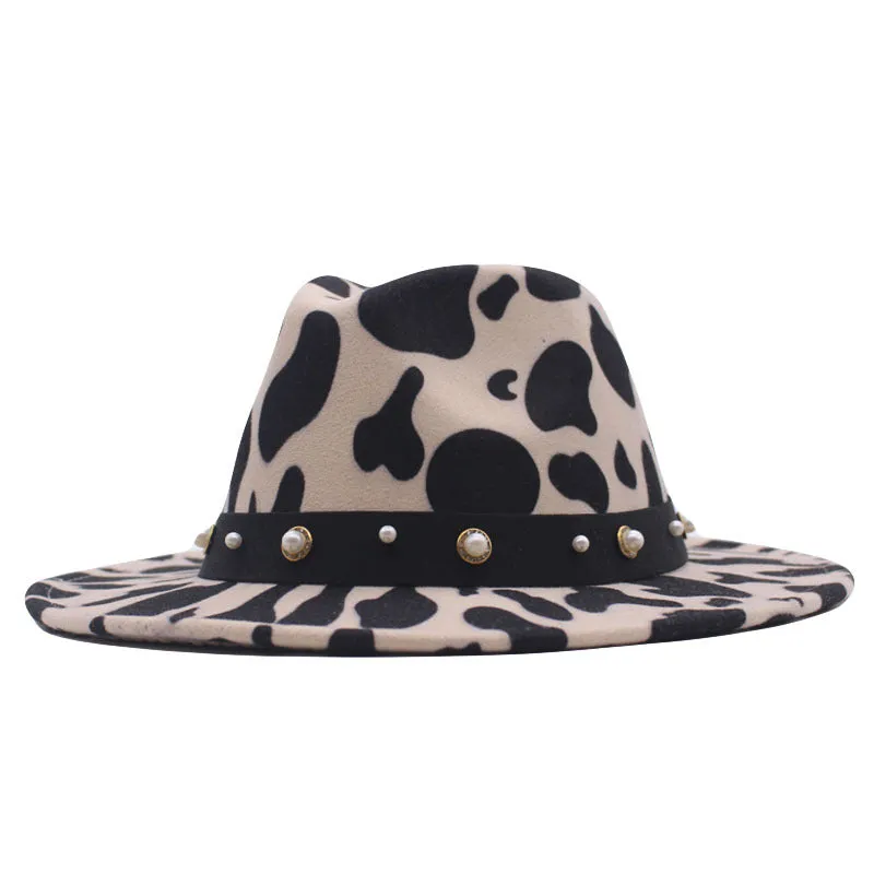 Top Hat Cows Pattern Woolen Hat Female Fedora Fedora Hat Outdoor Travel Hat