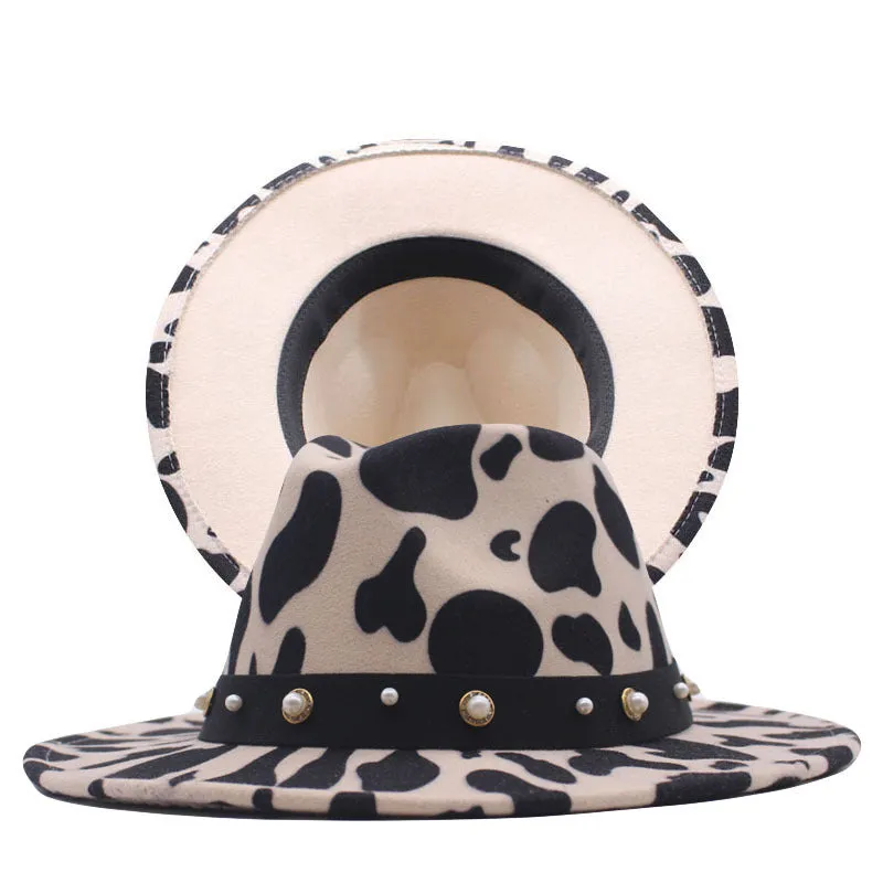 Top Hat Cows Pattern Woolen Hat Female Fedora Fedora Hat Outdoor Travel Hat