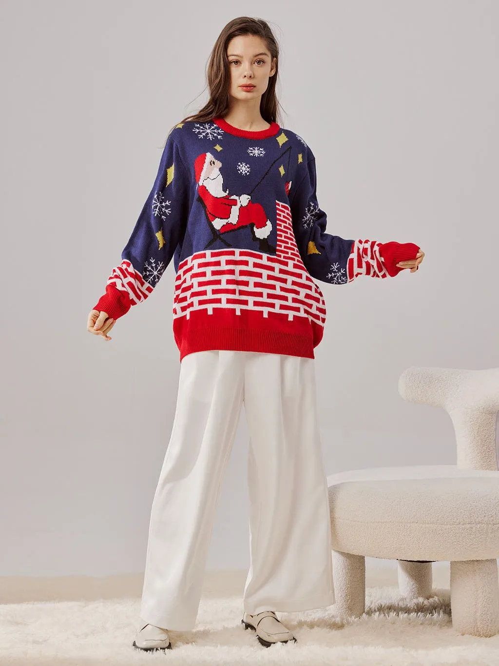 Unisex Knitted Embroidered Fishing Santa Ugly Christmas Sweater