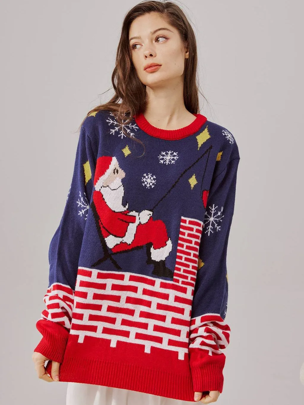 Unisex Knitted Embroidered Fishing Santa Ugly Christmas Sweater