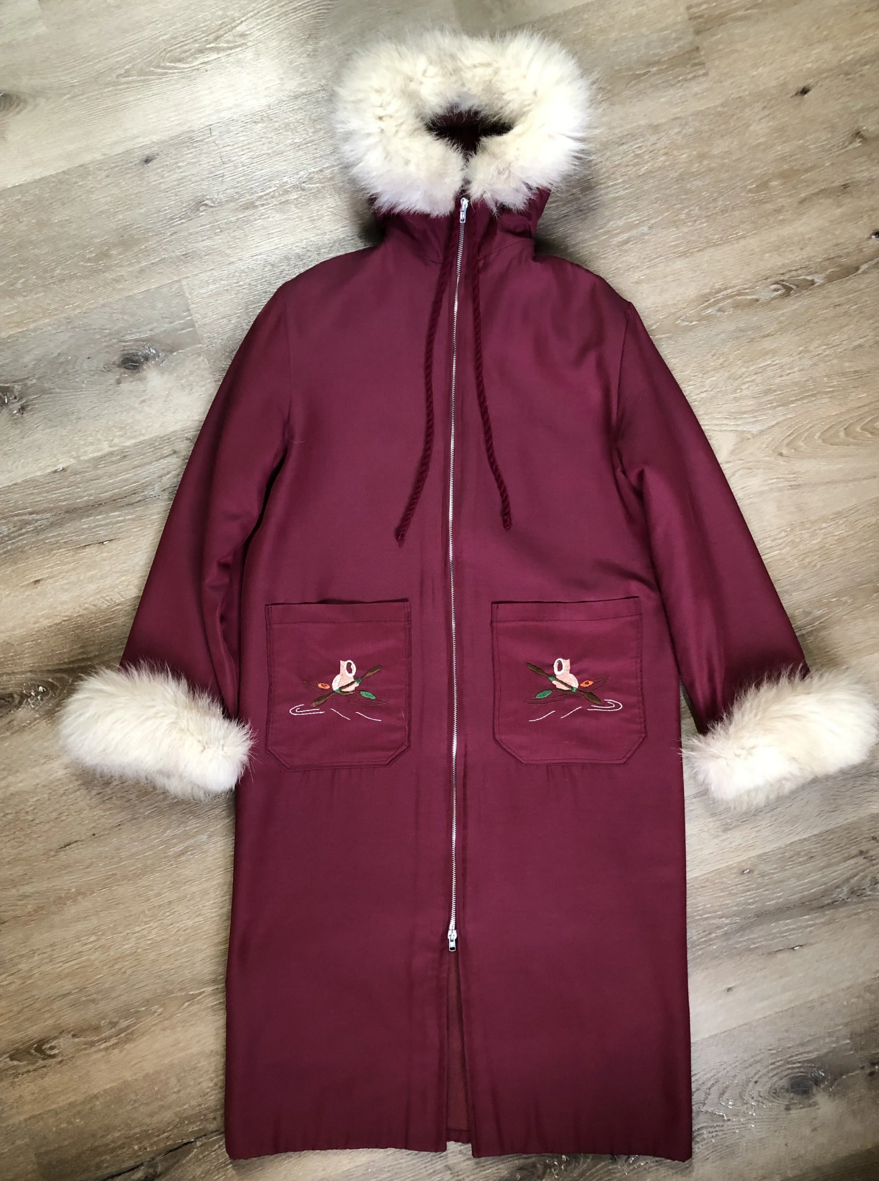 Vintage Pink Northern Parka with Kayak Motif, Made in Canada