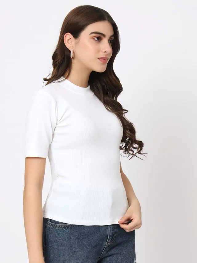 White Solid Round Neck Regular Top
