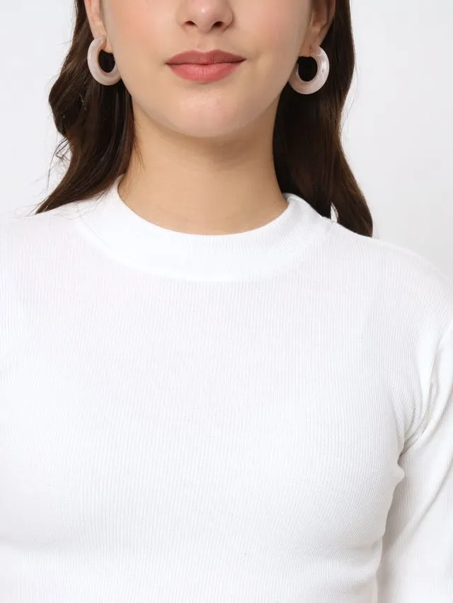 White Solid Round Neck Regular Top