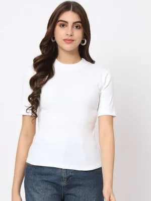 White Solid Round Neck Regular Top