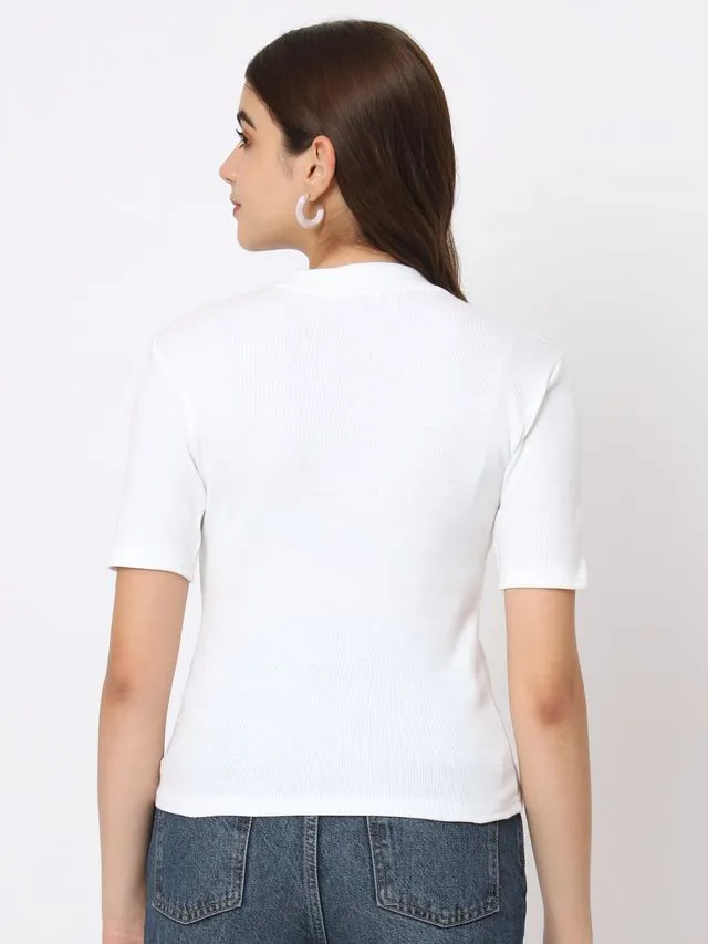 White Solid Round Neck Regular Top