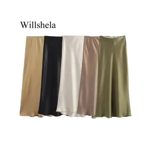 Willshela Women Fashion Satin Solid Pleated Midi Skirt Chic Vintage Style with Elastic Waist for Everyday Elegance