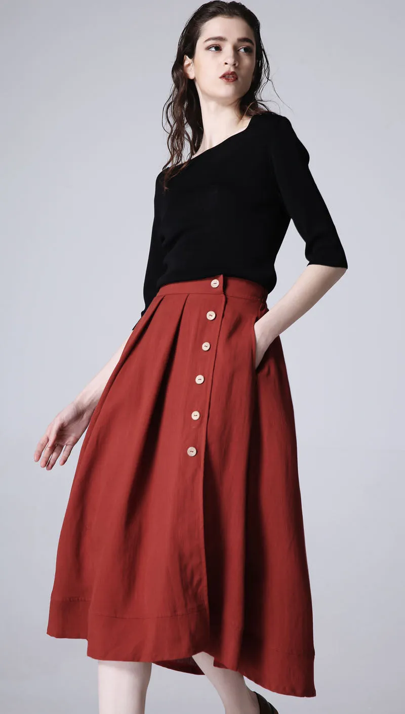 Wine red skirt casual linen skirt woman midi skirt custom made (1196)