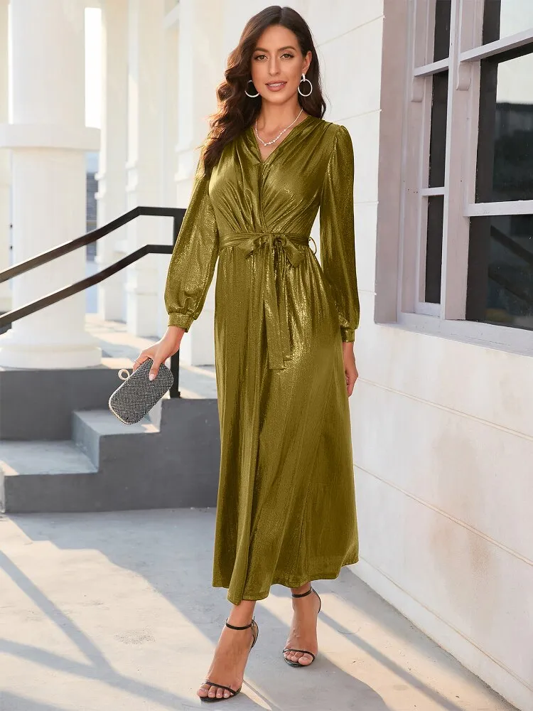 Women Dress 2023 New In Dresses V-Neck Slim Lace Up Gold Plated Dress Wine Party Fashion Formal Occasion Dresses Womens Clothing