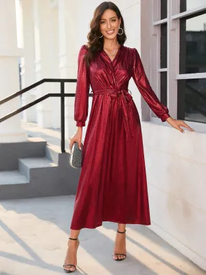 Women Dress 2023 New In Dresses V-Neck Slim Lace Up Gold Plated Dress Wine Party Fashion Formal Occasion Dresses Womens Clothing