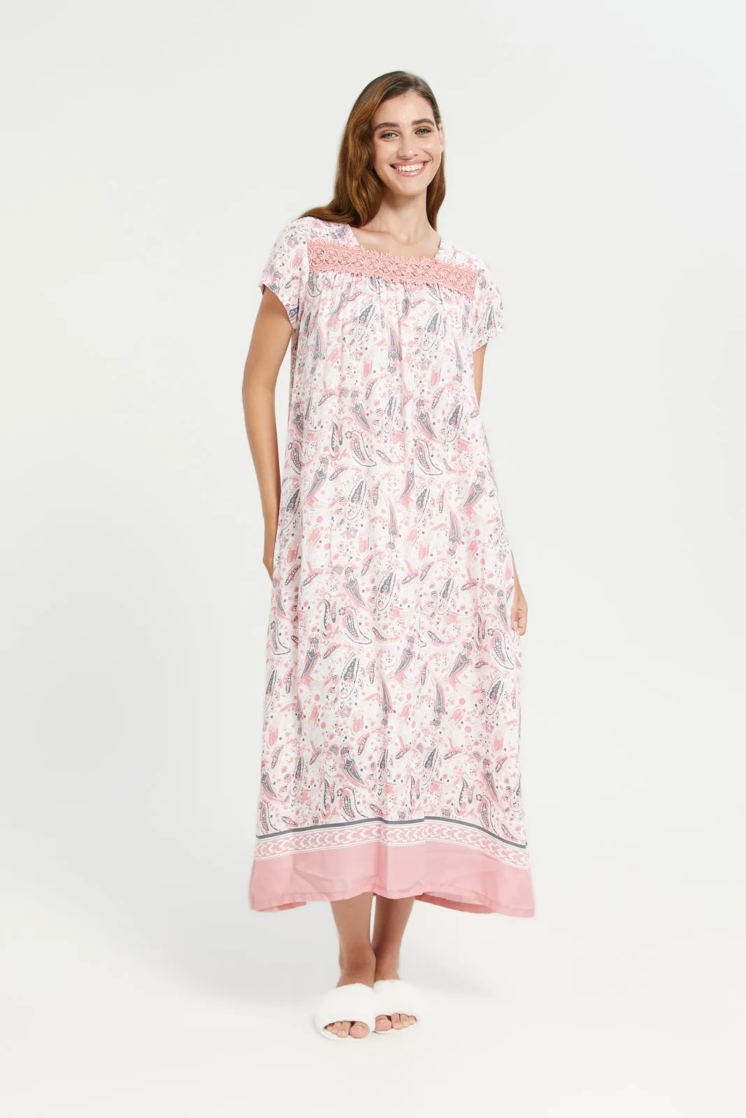 Women Pink Border Print Front Lace Nightgown