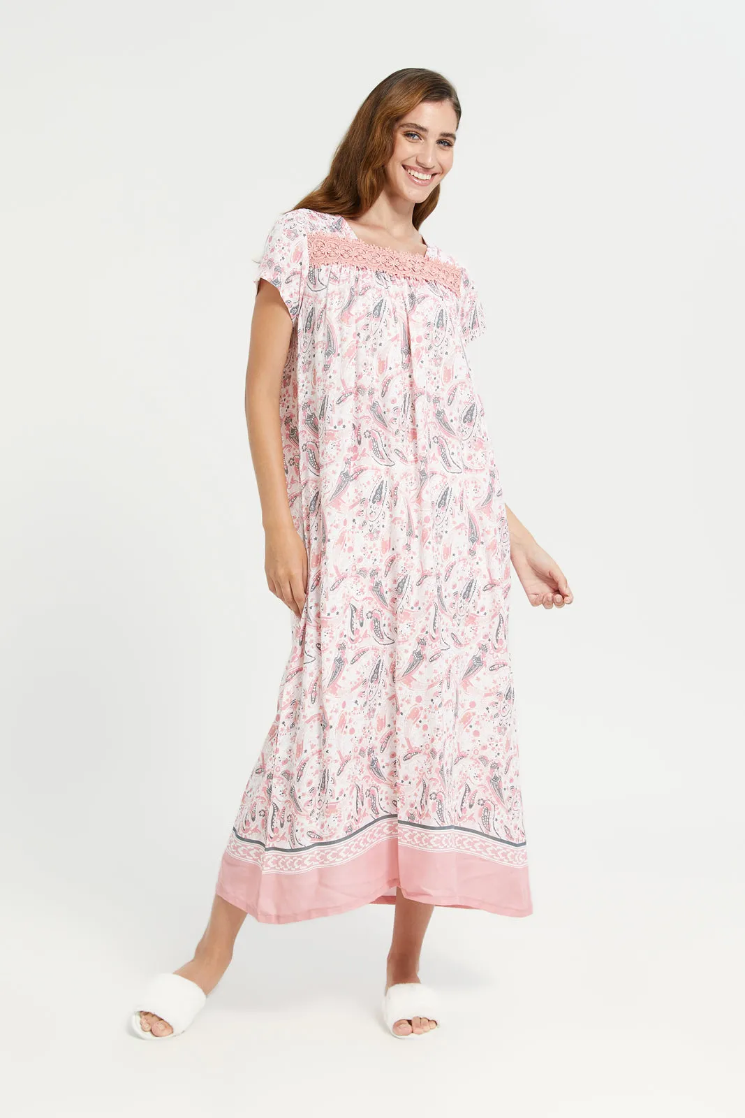 Women Pink Border Print Front Lace Nightgown
