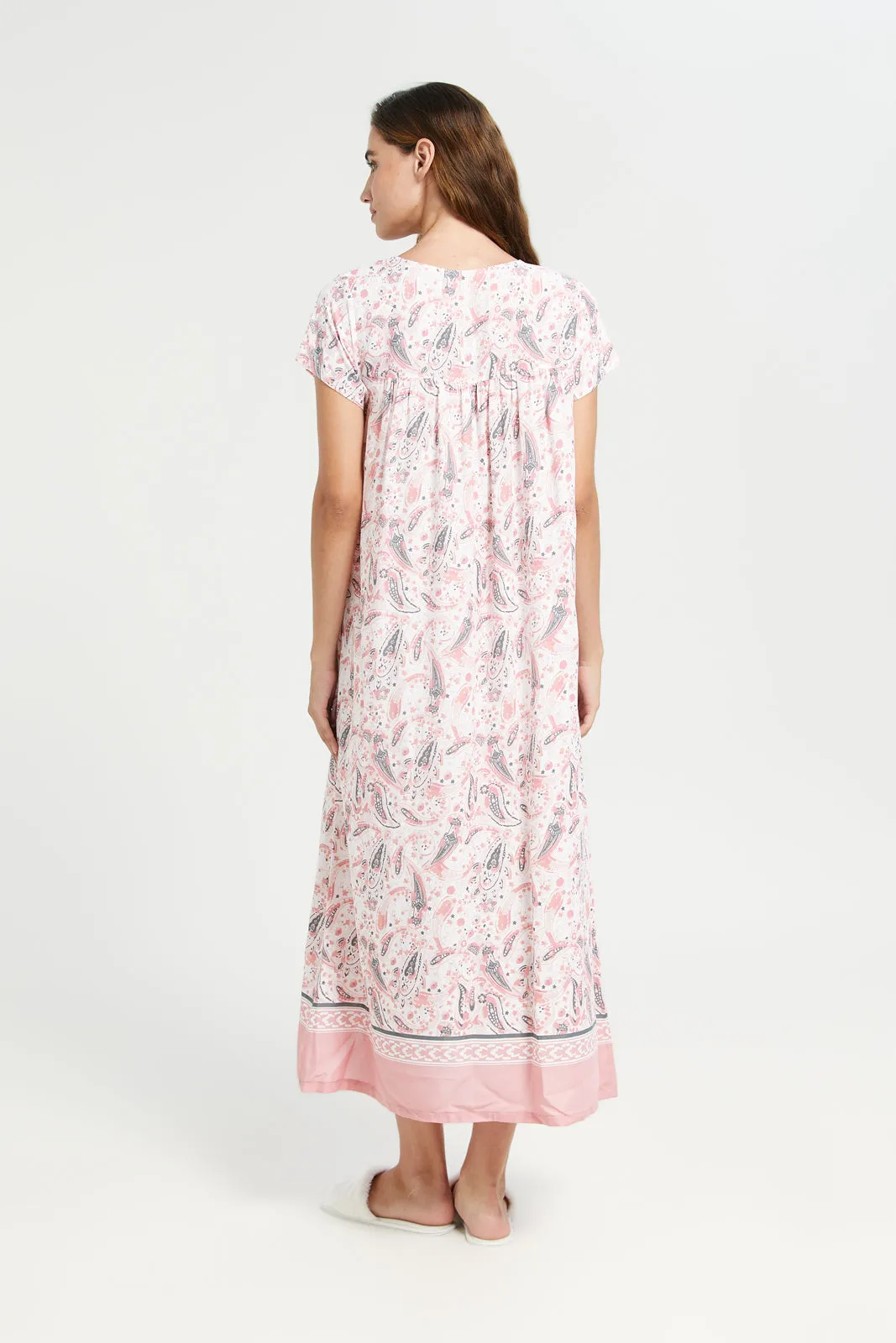 Women Pink Border Print Front Lace Nightgown