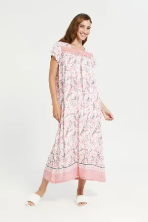 Women Pink Border Print Front Lace Nightgown