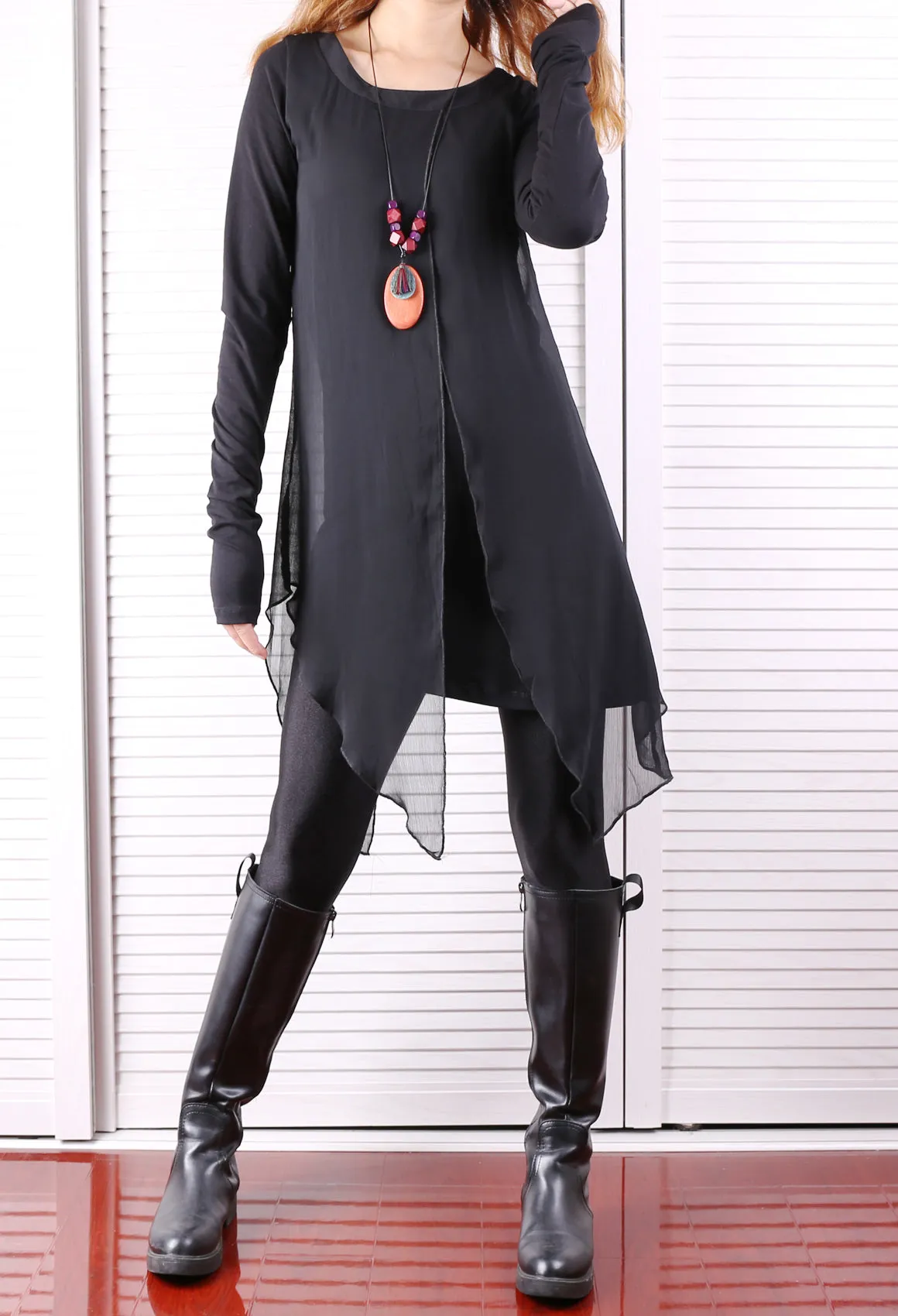 Womens Long Sleeve Top/Cotton and Chiffon Tunic Dress/Layered Cotton Top/Plus Size Tunic Top/Oversized T-shirt/Casual T-Shirt/Asymmetrical Dress(Y1702)