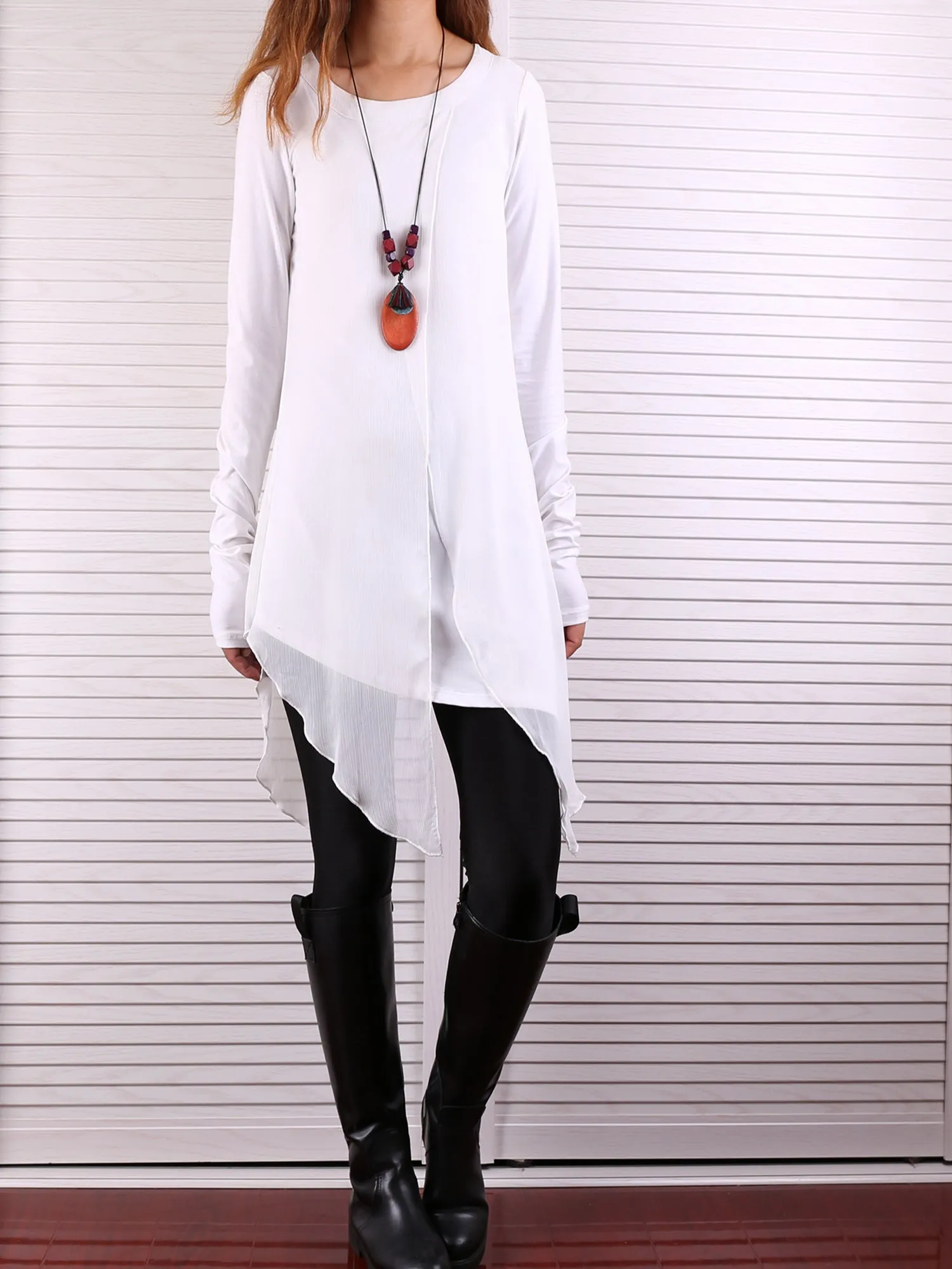 Womens Long Sleeve Top/Cotton and Chiffon Tunic Dress/Layered Cotton Top/Plus Size Tunic Top/Oversized T-shirt/Casual T-Shirt/Asymmetrical Dress(Y1702)