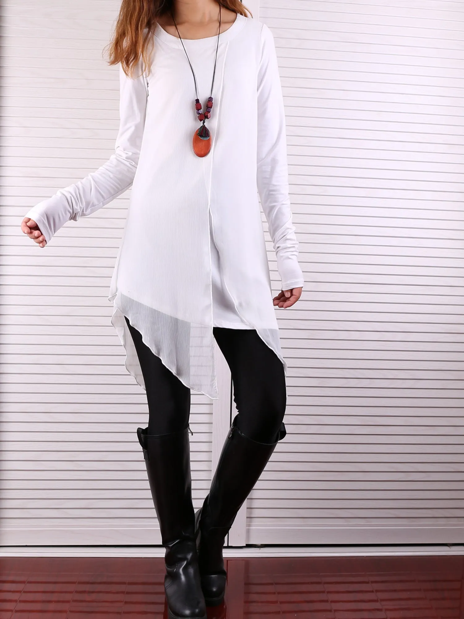 Womens Long Sleeve Top/Cotton and Chiffon Tunic Dress/Layered Cotton Top/Plus Size Tunic Top/Oversized T-shirt/Casual T-Shirt/Asymmetrical Dress(Y1702)