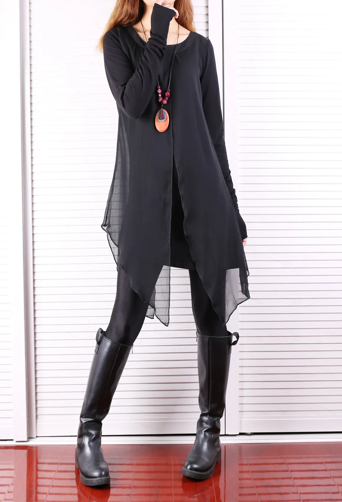 Womens Long Sleeve Top/Cotton and Chiffon Tunic Dress/Layered Cotton Top/Plus Size Tunic Top/Oversized T-shirt/Casual T-Shirt/Asymmetrical Dress(Y1702)