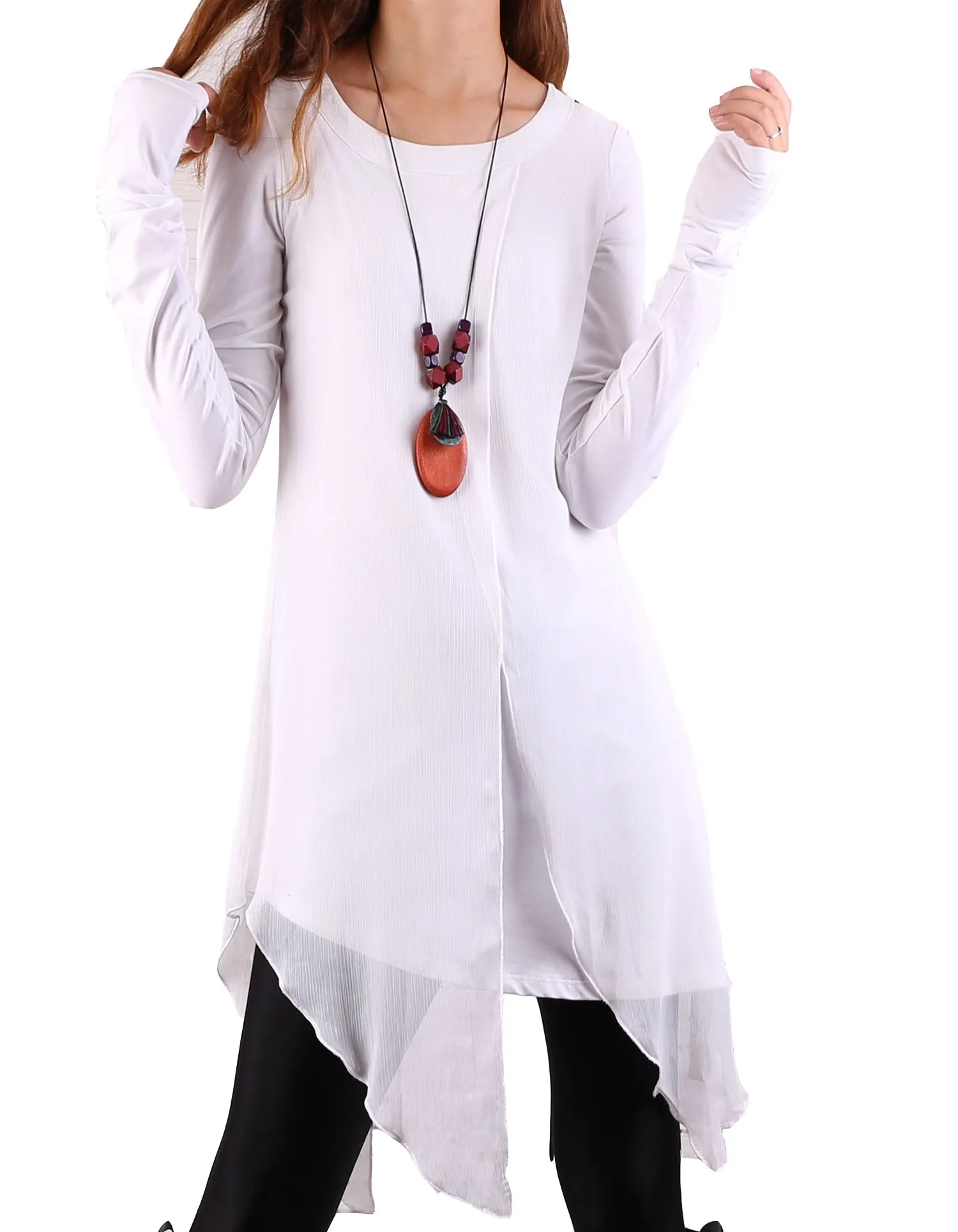 Womens Long Sleeve Top/Cotton and Chiffon Tunic Dress/Layered Cotton Top/Plus Size Tunic Top/Oversized T-shirt/Casual T-Shirt/Asymmetrical Dress(Y1702)