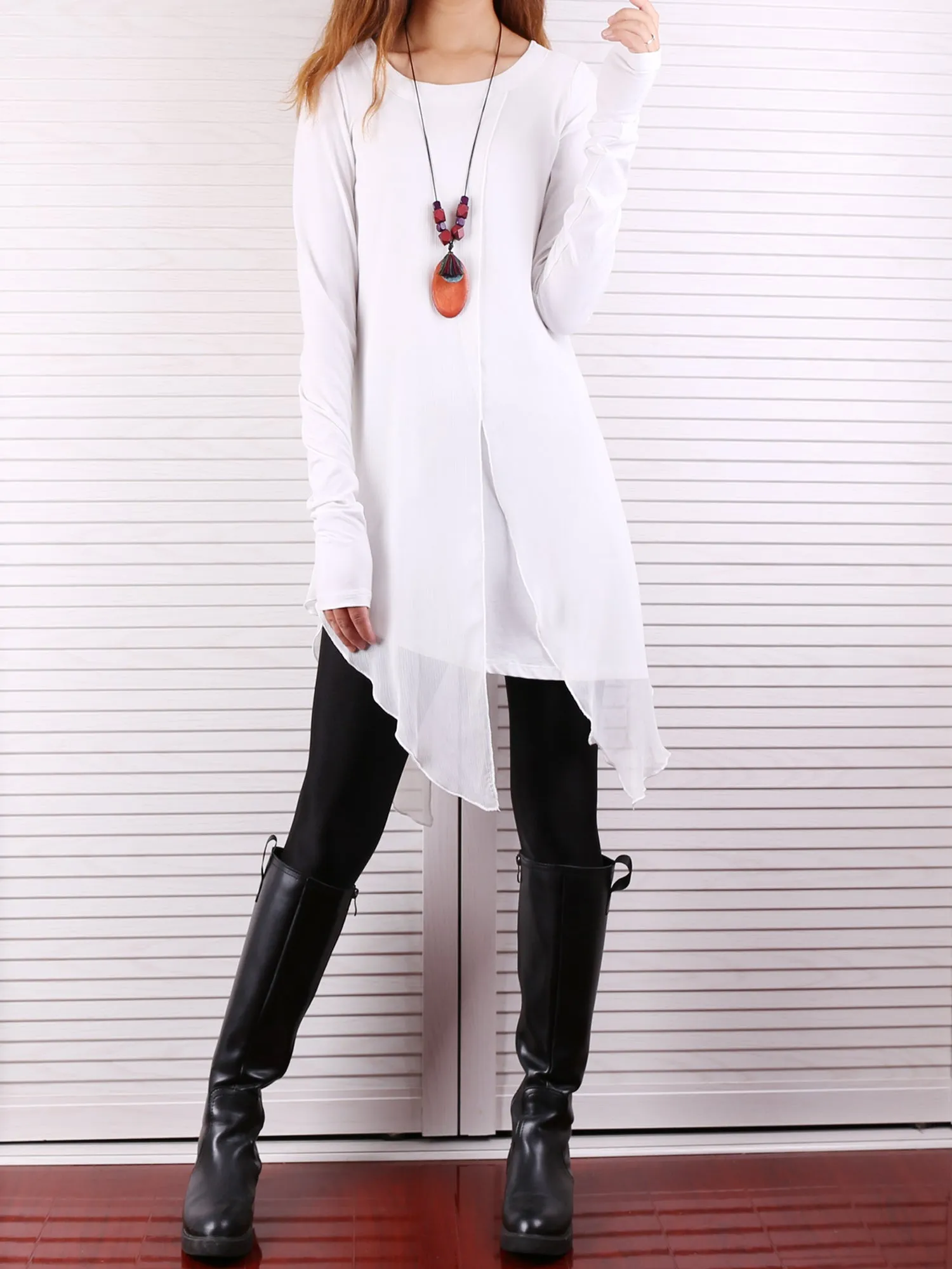 Womens Long Sleeve Top/Cotton and Chiffon Tunic Dress/Layered Cotton Top/Plus Size Tunic Top/Oversized T-shirt/Casual T-Shirt/Asymmetrical Dress(Y1702)