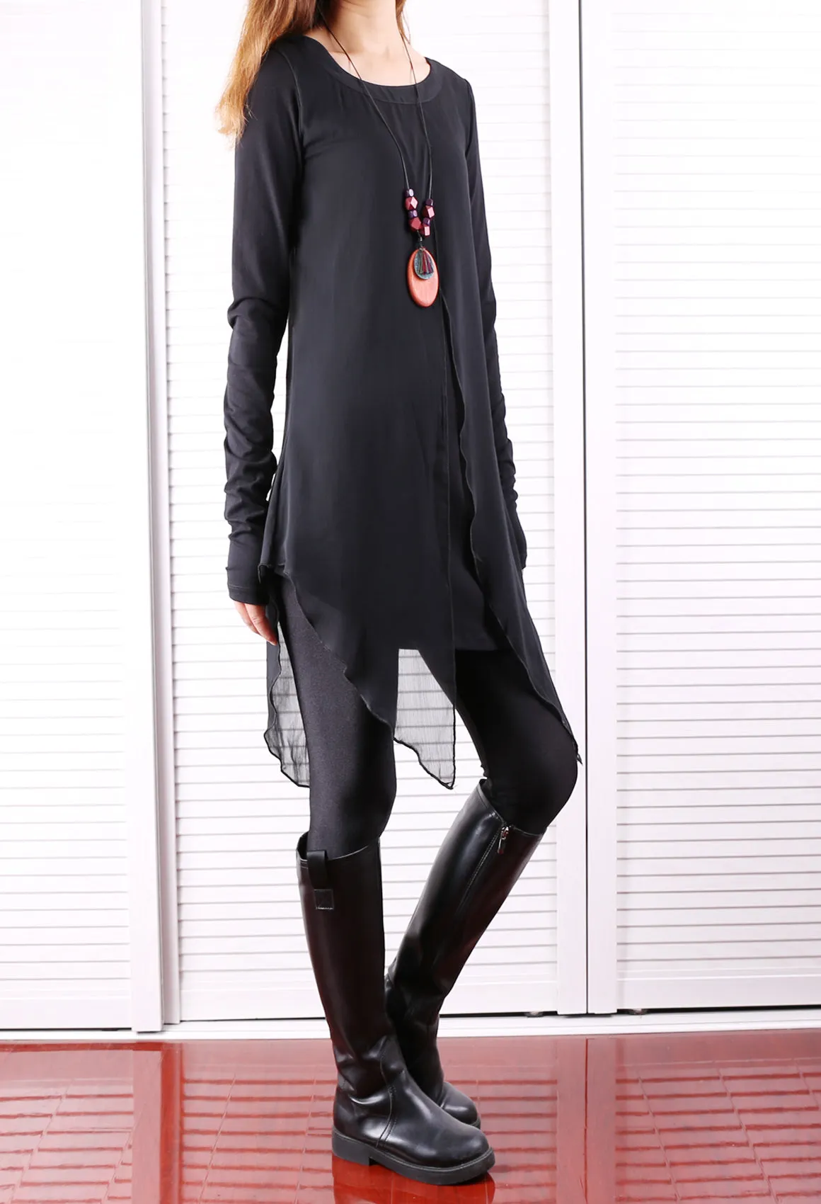 Womens Long Sleeve Top/Cotton and Chiffon Tunic Dress/Layered Cotton Top/Plus Size Tunic Top/Oversized T-shirt/Casual T-Shirt/Asymmetrical Dress(Y1702)