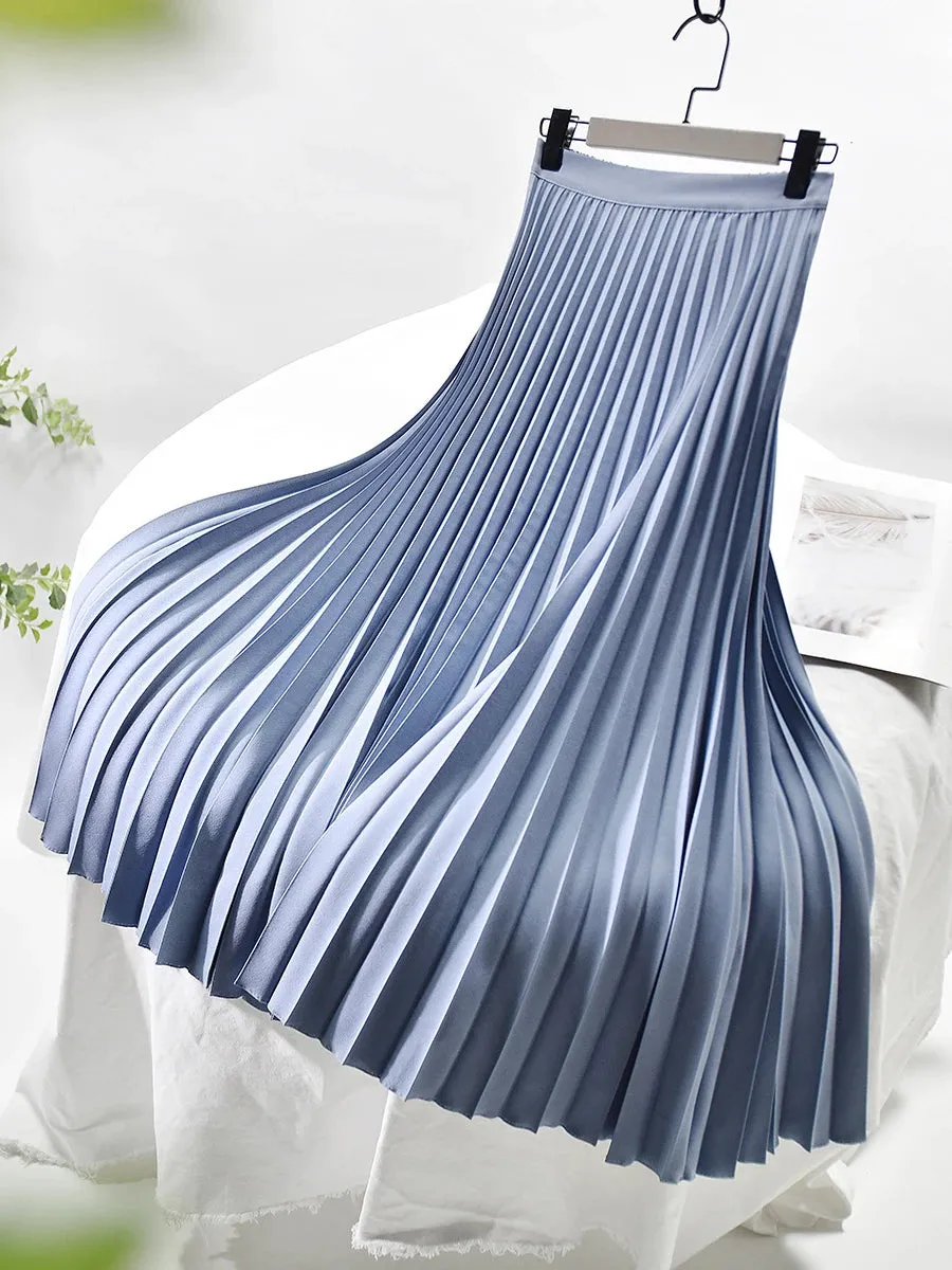 Women's Satin Fashion Designer High Waist Pleated Skirts (Long)