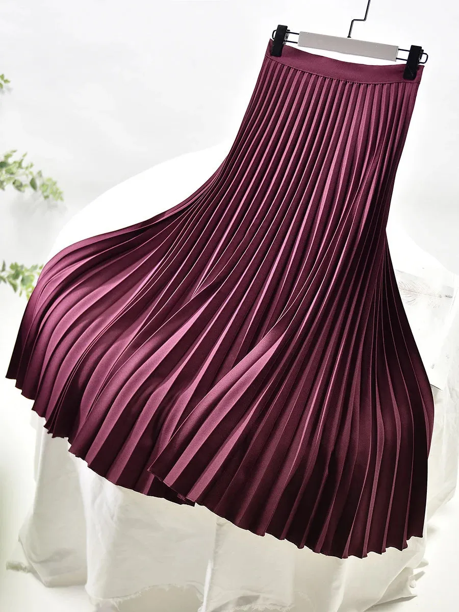 Women's Satin Fashion Designer High Waist Pleated Skirts (Long)