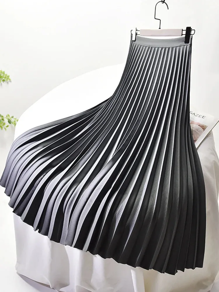 Women's Satin Fashion Designer High Waist Pleated Skirts (Long)
