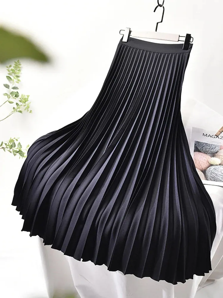 Women's Satin Fashion Designer High Waist Pleated Skirts (Long)
