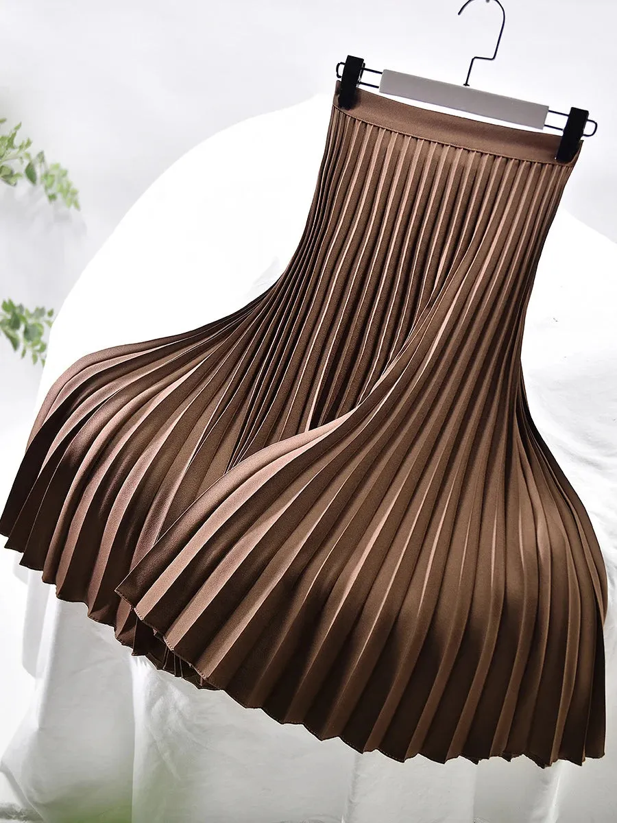 Women's Satin Fashion Designer High Waist Pleated Skirts (Long)